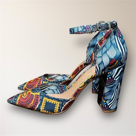 Gianni Bini Bronlynn 9M African Print Block Heel Ankle Strap Pumps Festival - Picture 4 of 9